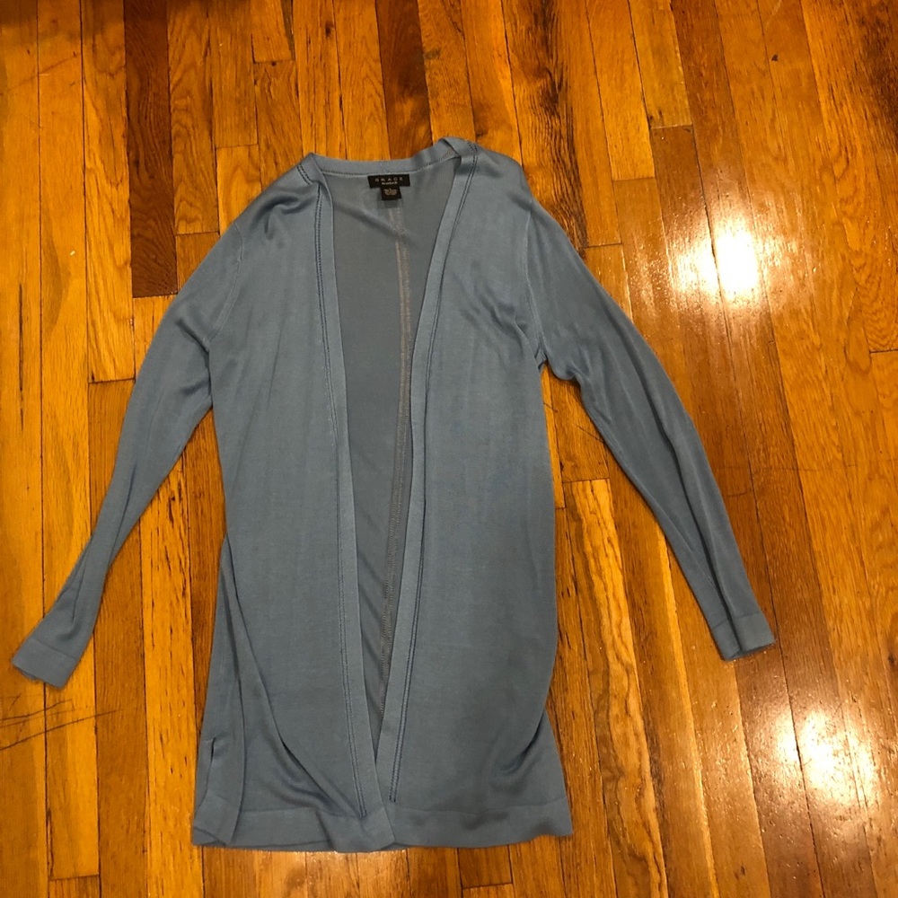 Light blue, long sleeve, long line cardigan